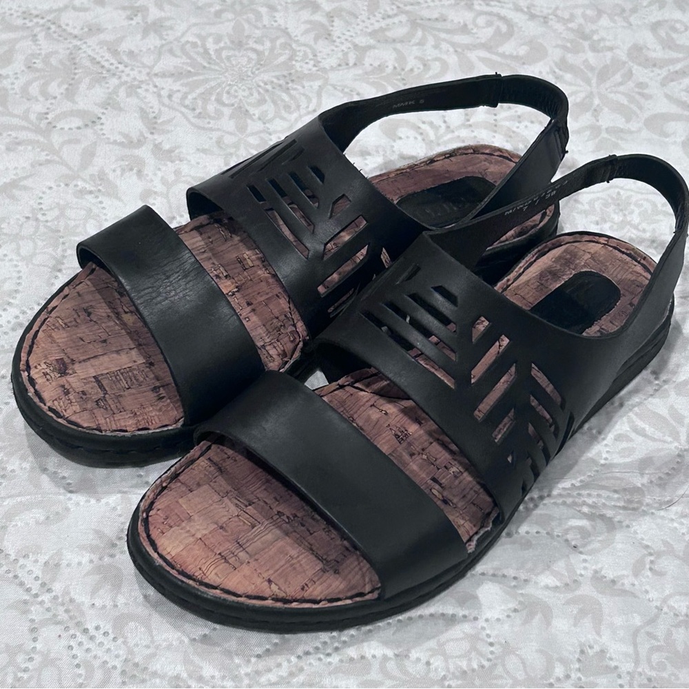 Born Sandal Womens 7 Black Faina Open Toe Sling Back Slip On Casual Cork Leather